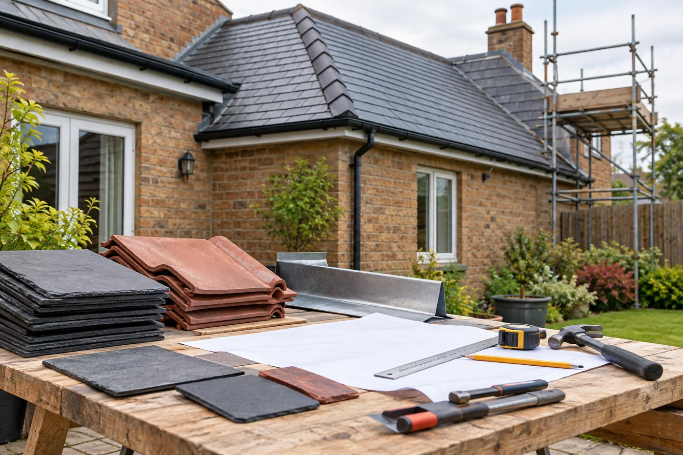 Roofing tools, material samples and a blank plan