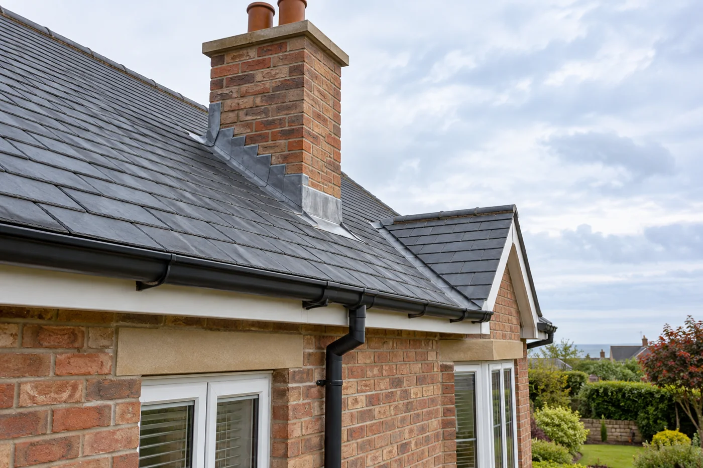 Chimney flashing and overlapping slate roof coverings
