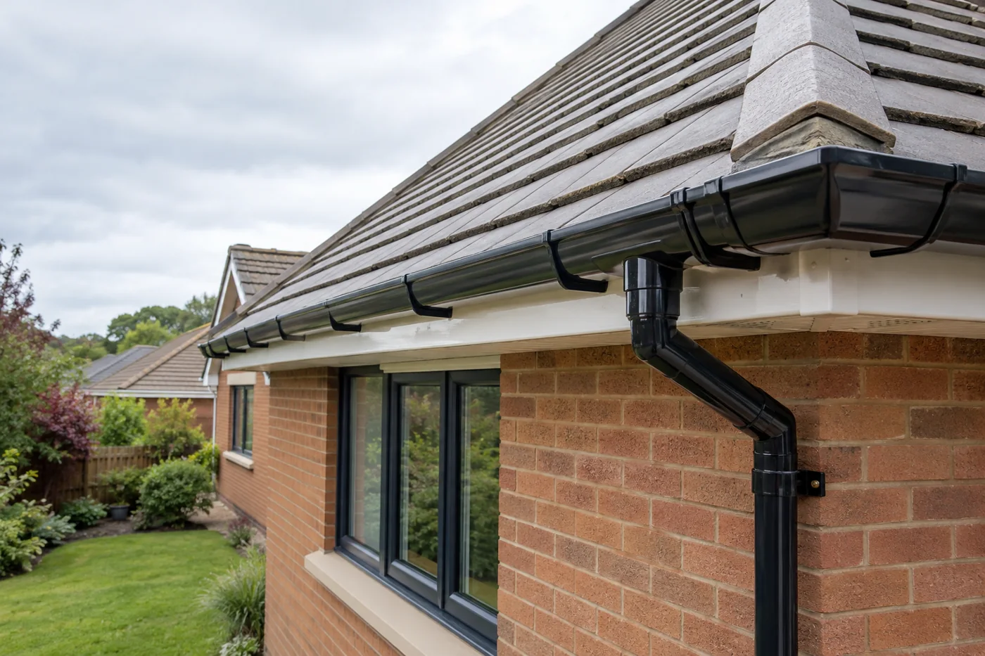 Guttering, fascia and downpipe beneath domestic roof eaves