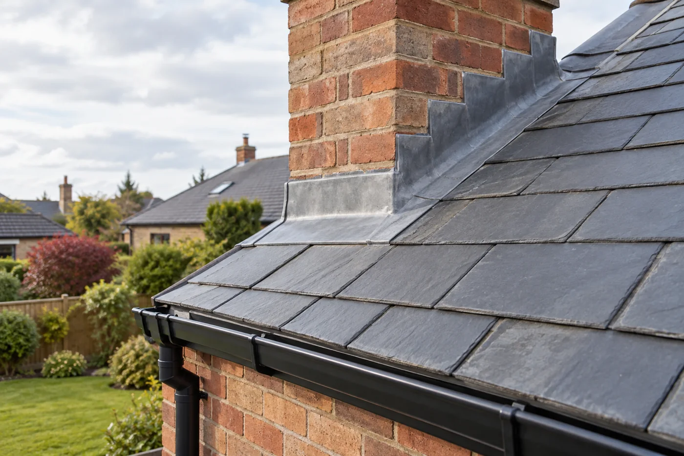 Chimney flashing and overlapping slate roof coverings