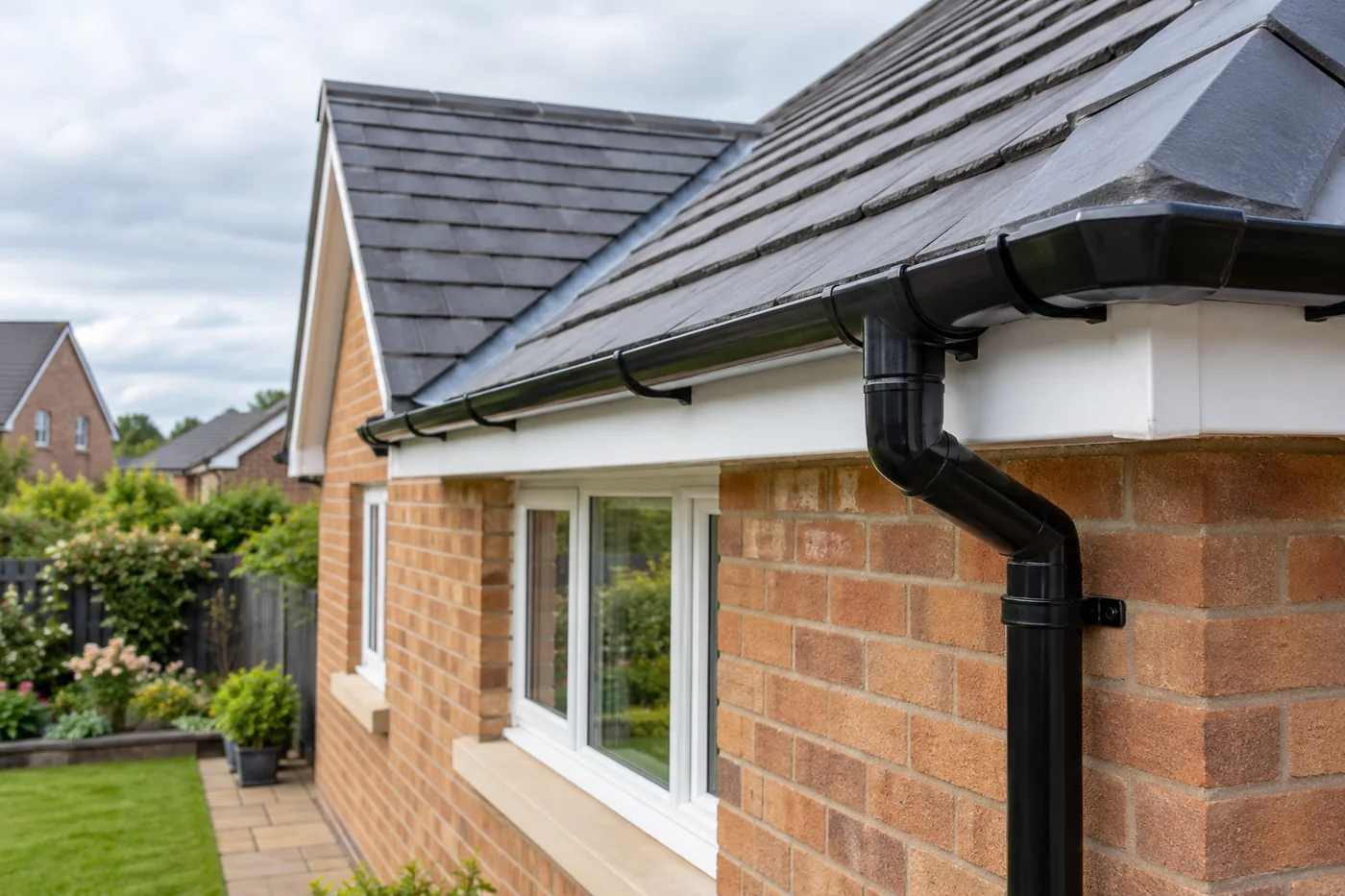 Guttering, fascia and downpipe beneath domestic roof eaves