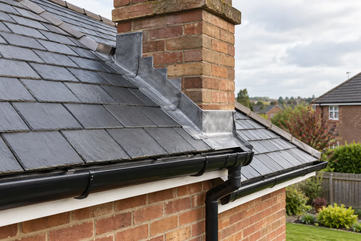 Chimney flashing and overlapping slate roof coverings