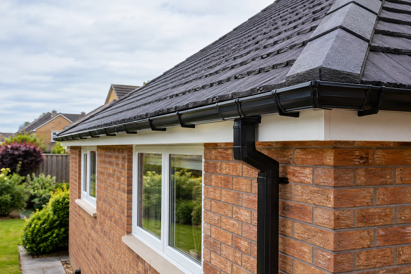 Guttering, fascia and downpipe beneath domestic roof eaves