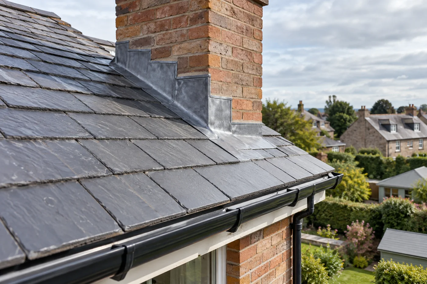 Chimney flashing and overlapping slate roof coverings