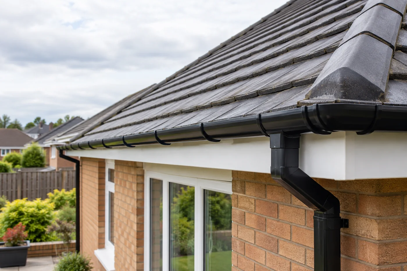Guttering, fascia and downpipe beneath domestic roof eaves