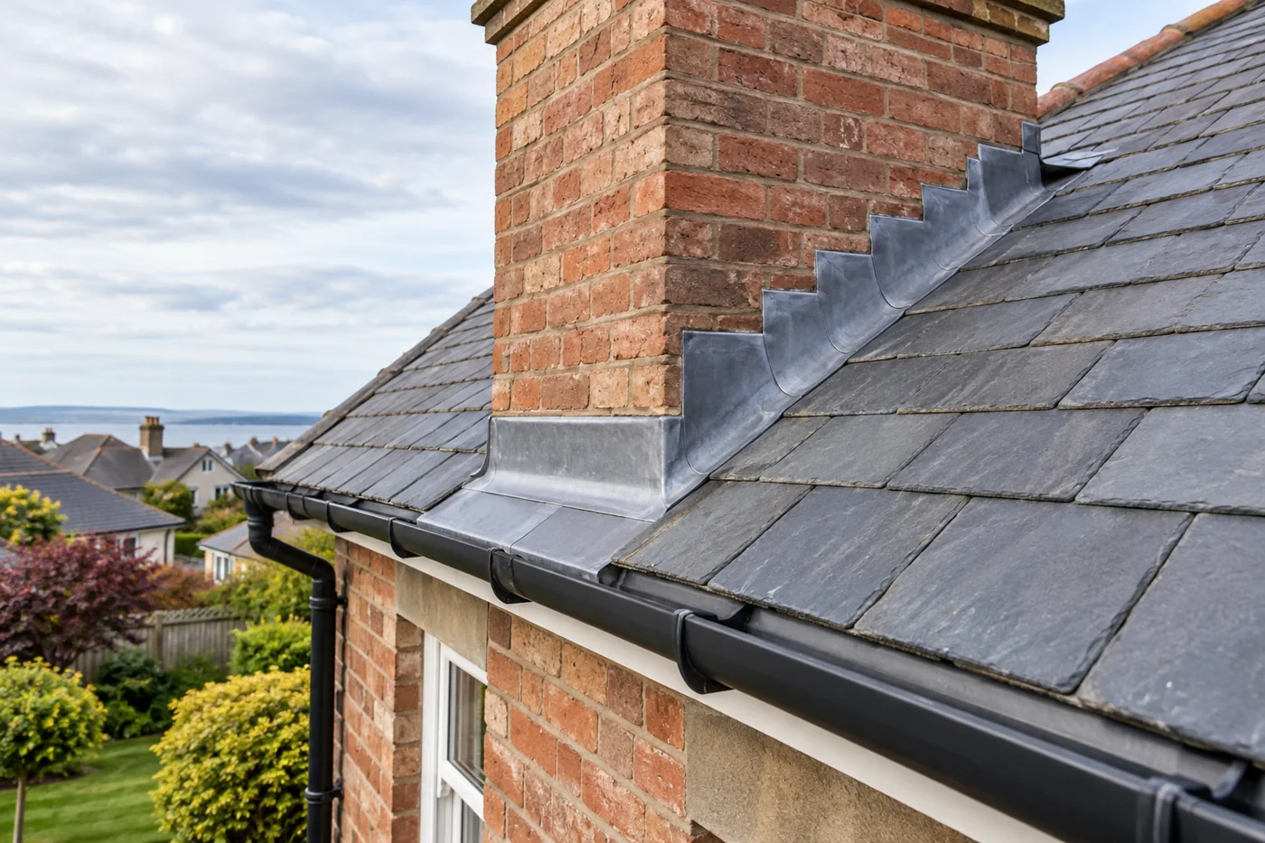 Chimney flashing and overlapping slate roof coverings