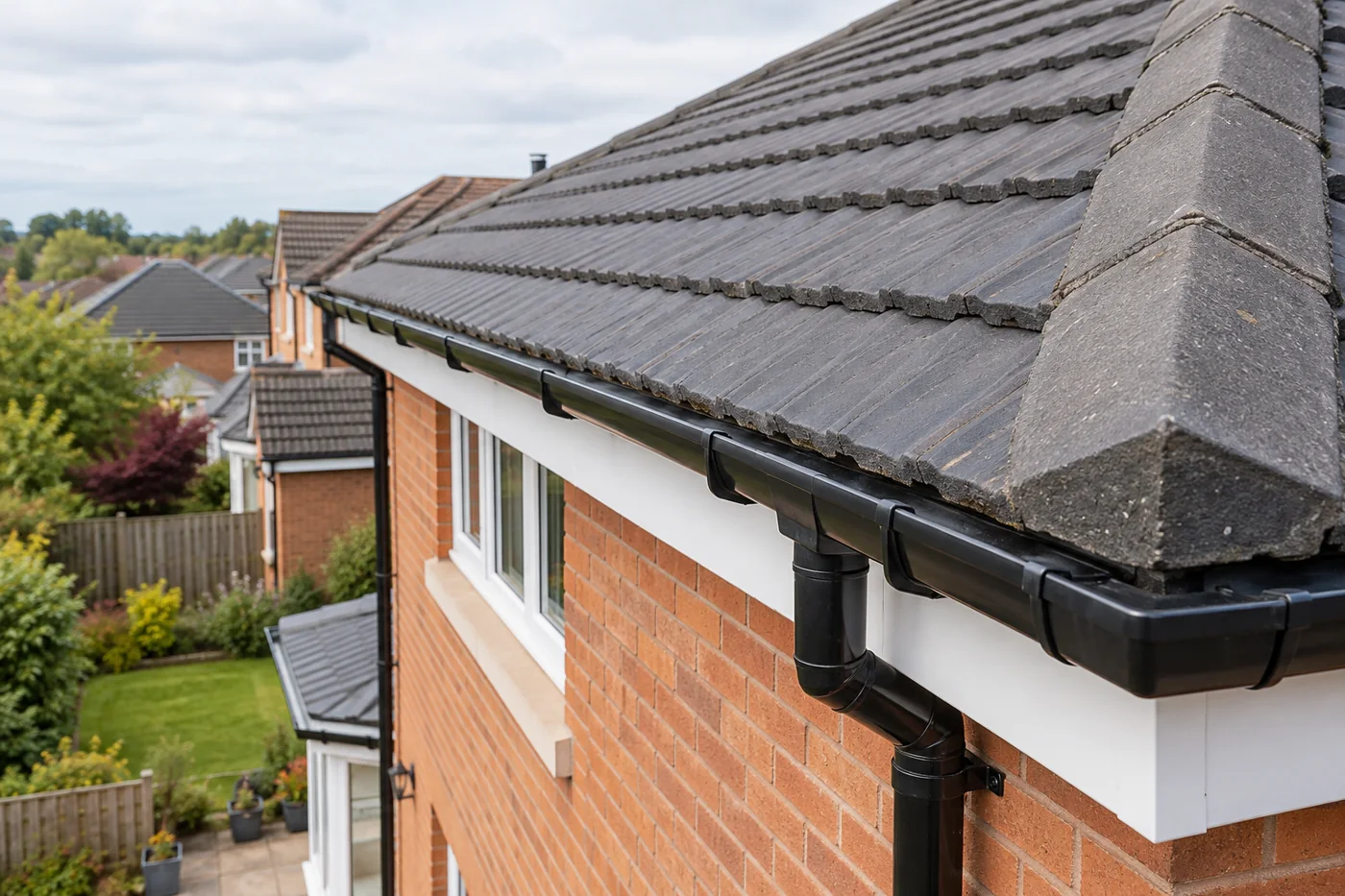 Guttering, fascia and downpipe beneath domestic roof eaves