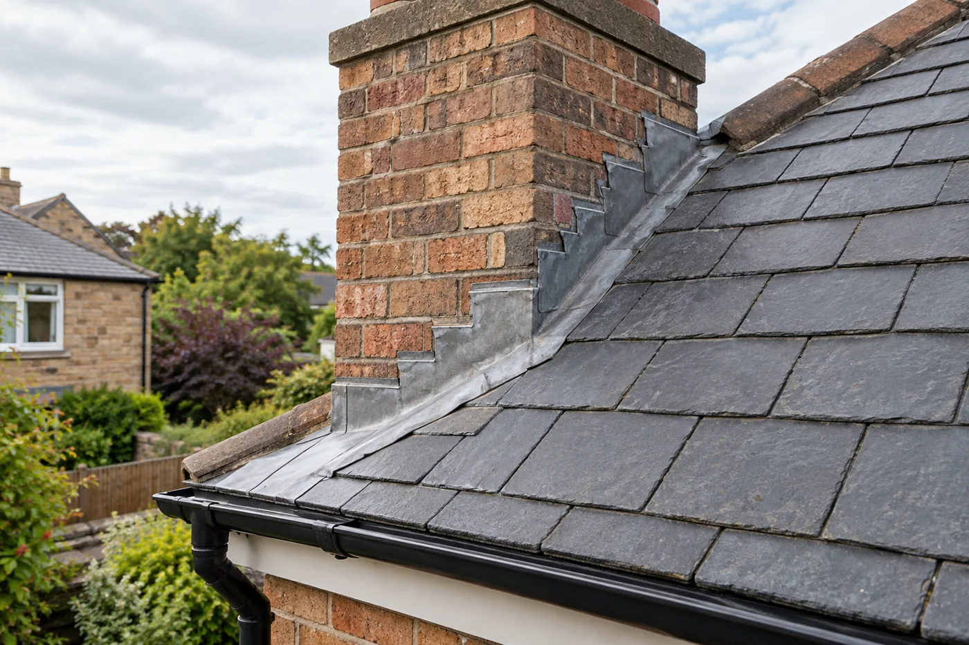 Chimney flashing and overlapping slate roof coverings