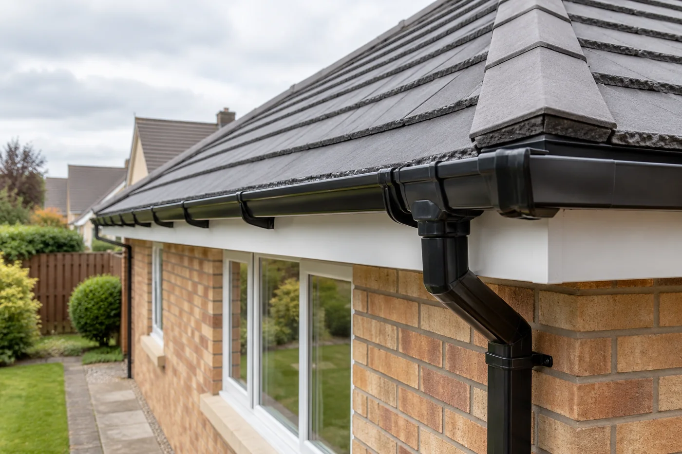 Guttering, fascia and downpipe beneath domestic roof eaves