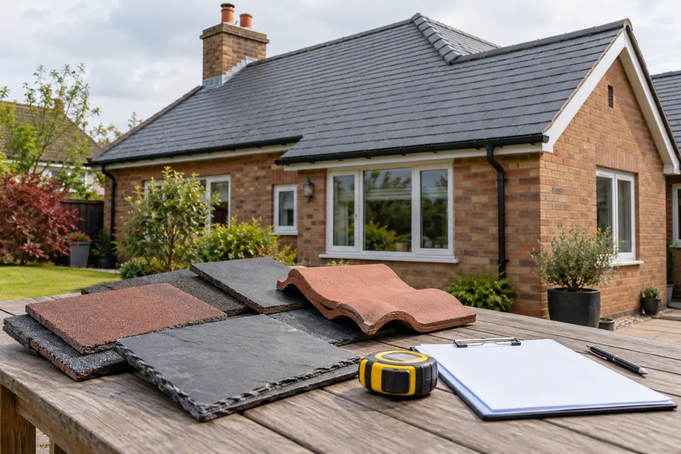 Roofing material samples and measuring tools