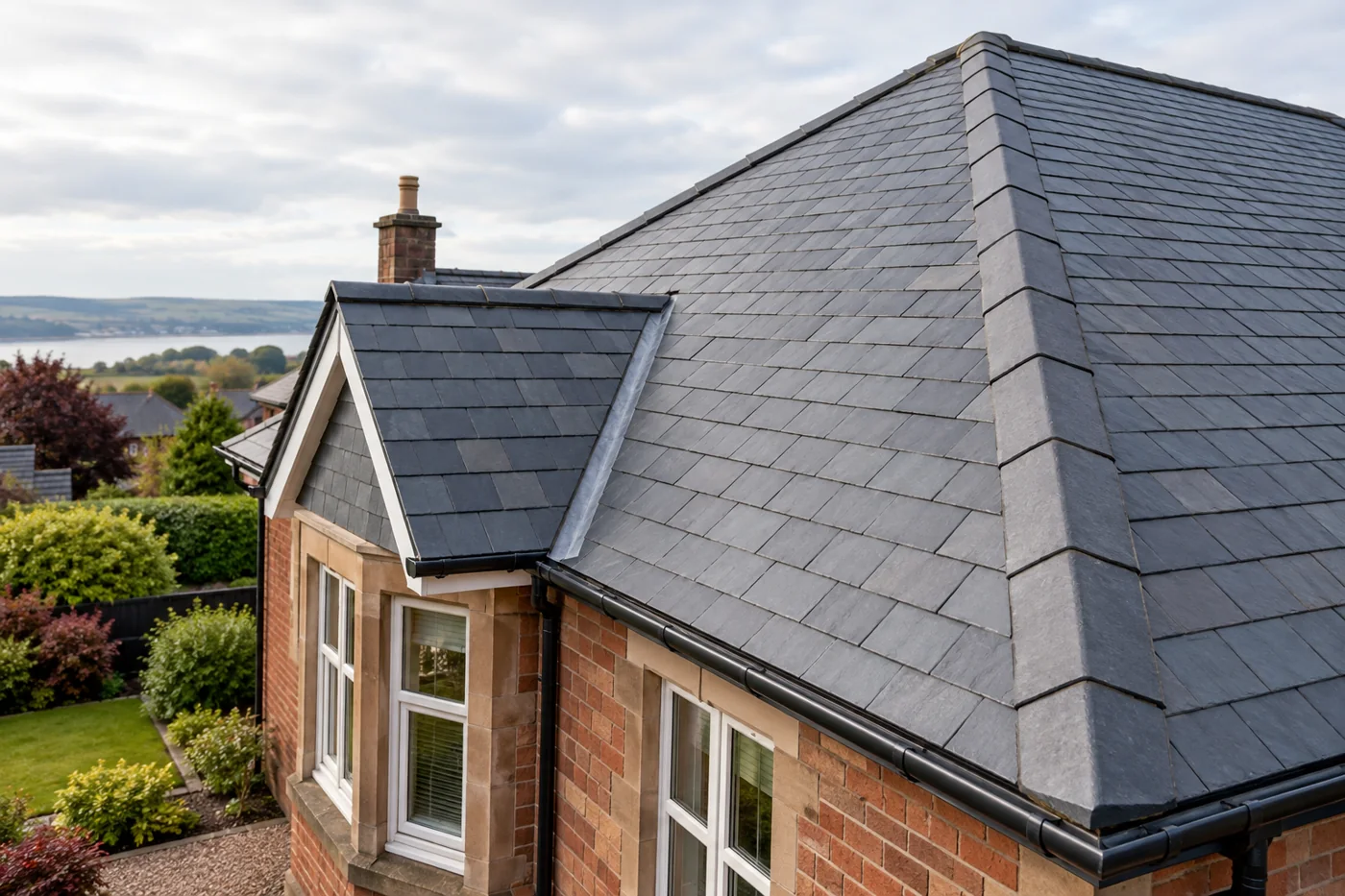 Natural slate roof with a clear ridge
