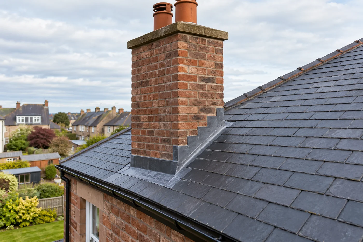 Brick chimney and stepped lead flashing