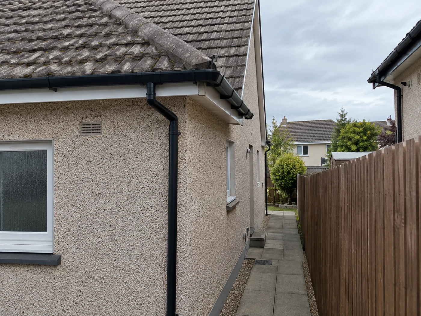 Paved side path beside a house with roof eaves above