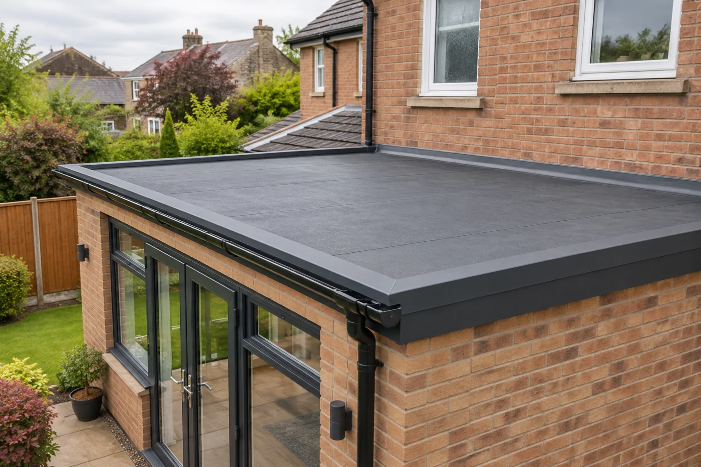Flat roof extension with perimeter trim