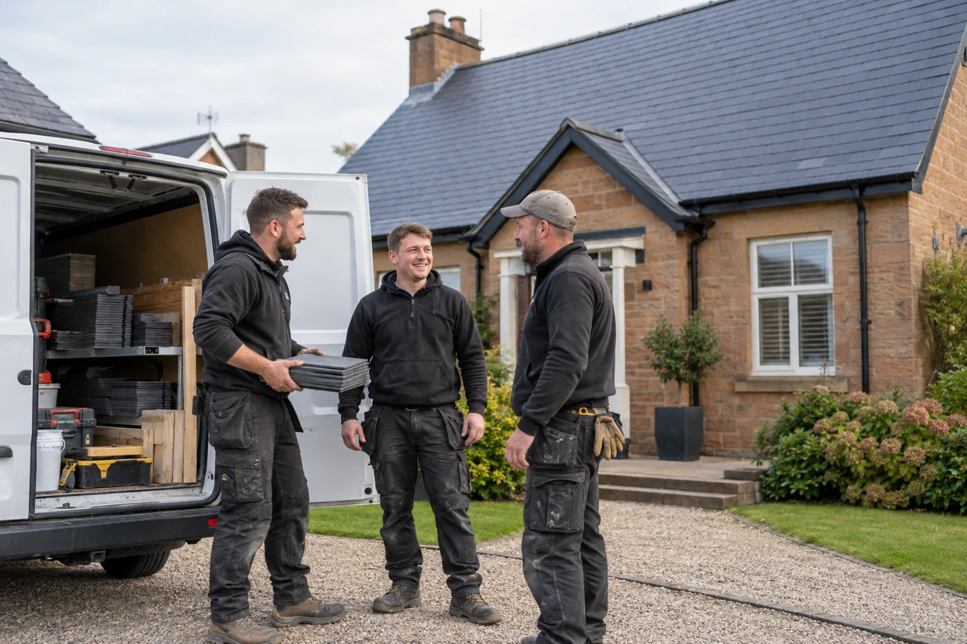 Roofing crew beside a white work van