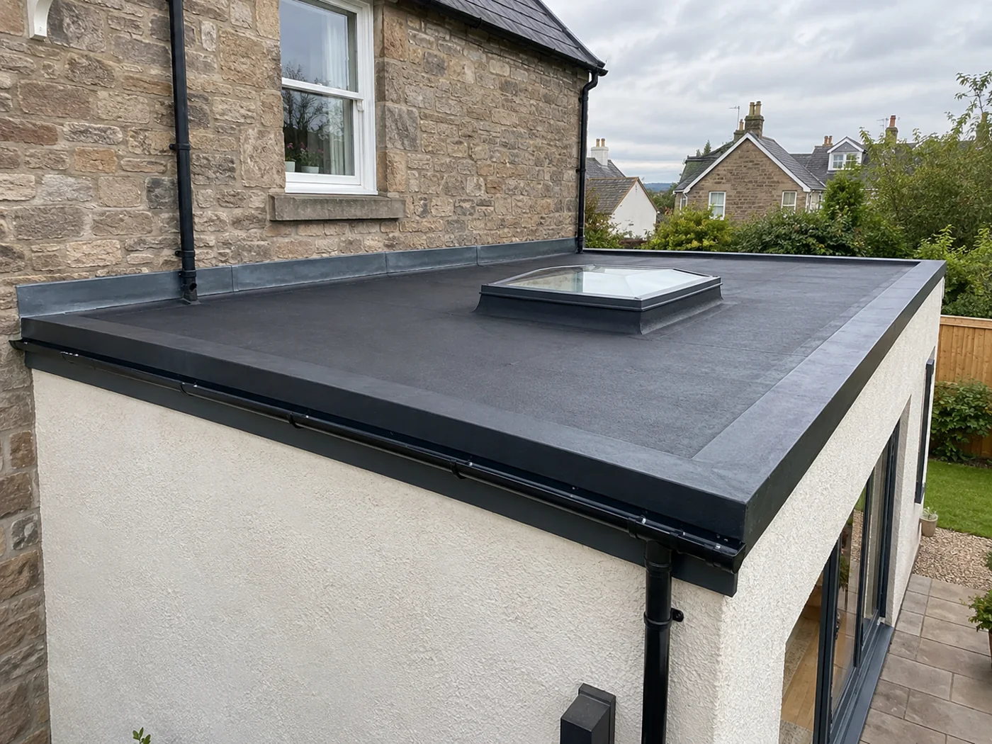 Dark flat extension roof with rooflight