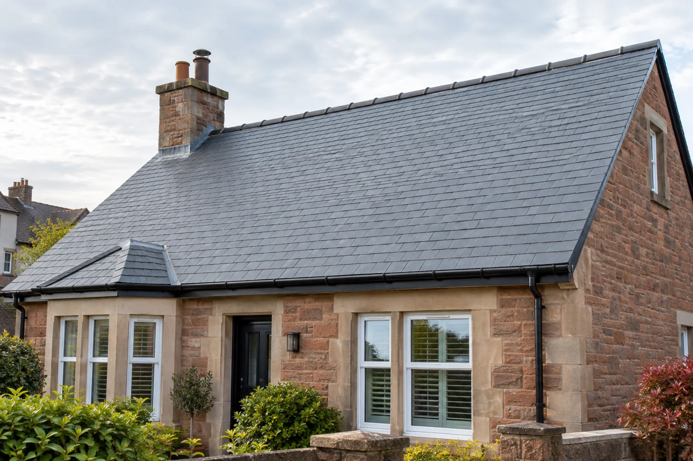 Pitched domestic roof with chimney and eaves