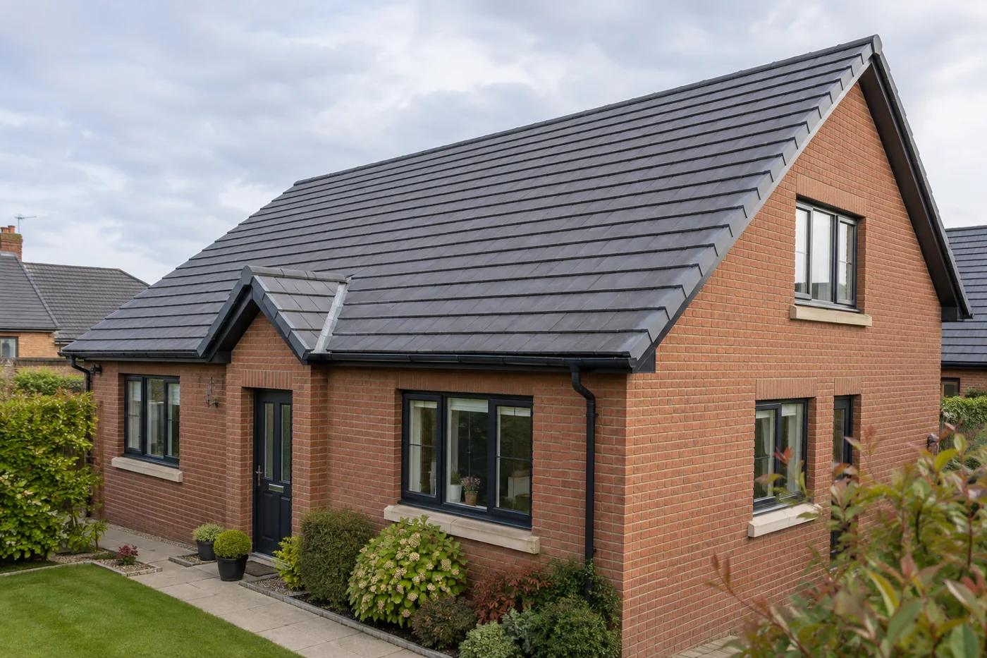 Tiled pitched roof and ridge