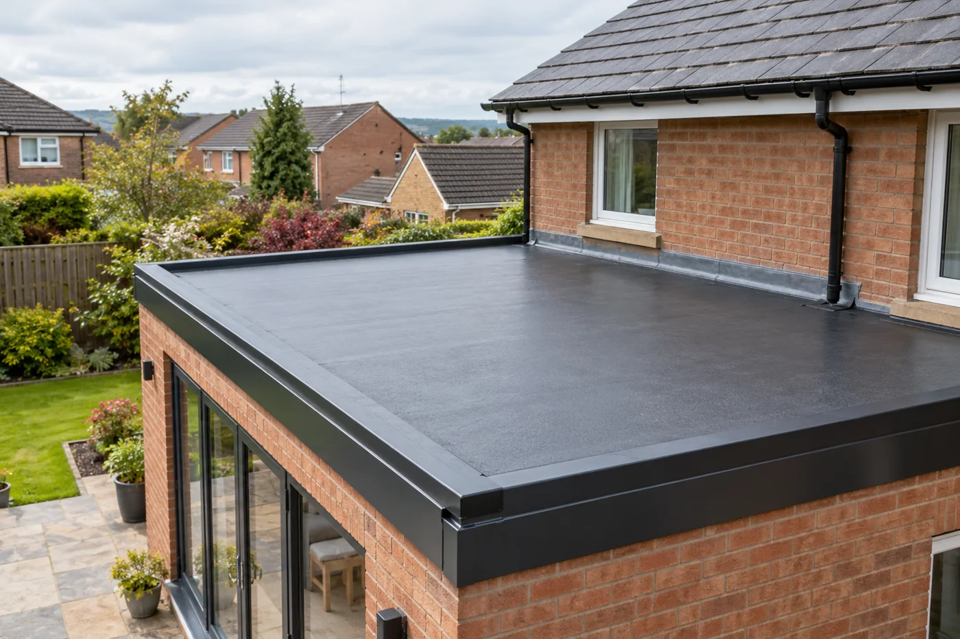 Flat roof extension with dark roof covering