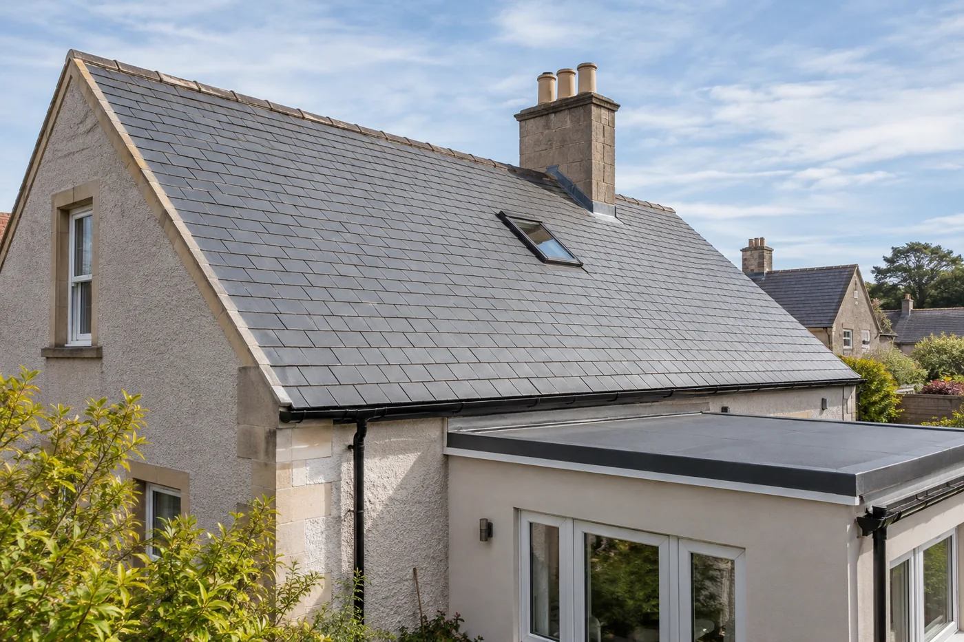 Pitched roof with a domestic flat roof extension