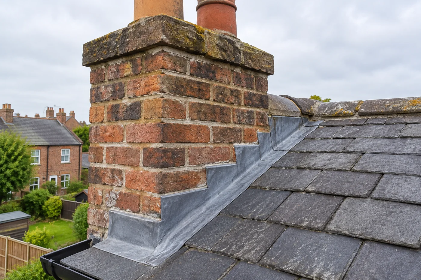 Brick chimney pointing and lead apron