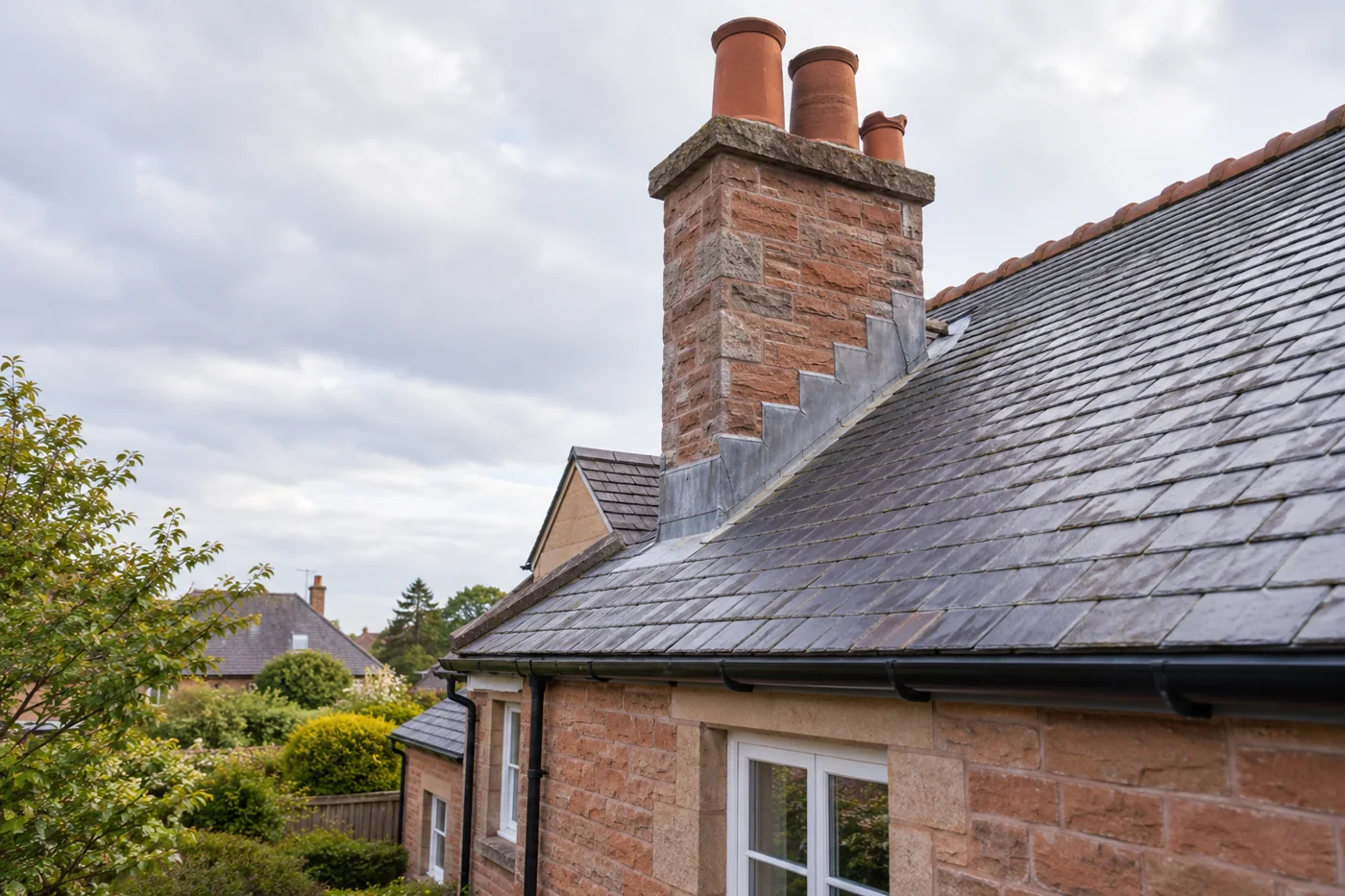 Brick chimney and lead flashing on a pitched roof