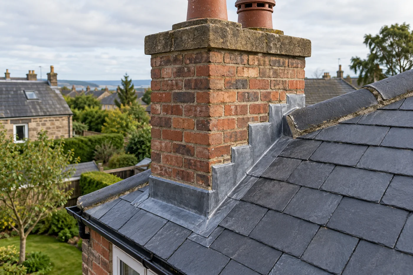 Chimney junction with stepped flashing and slates