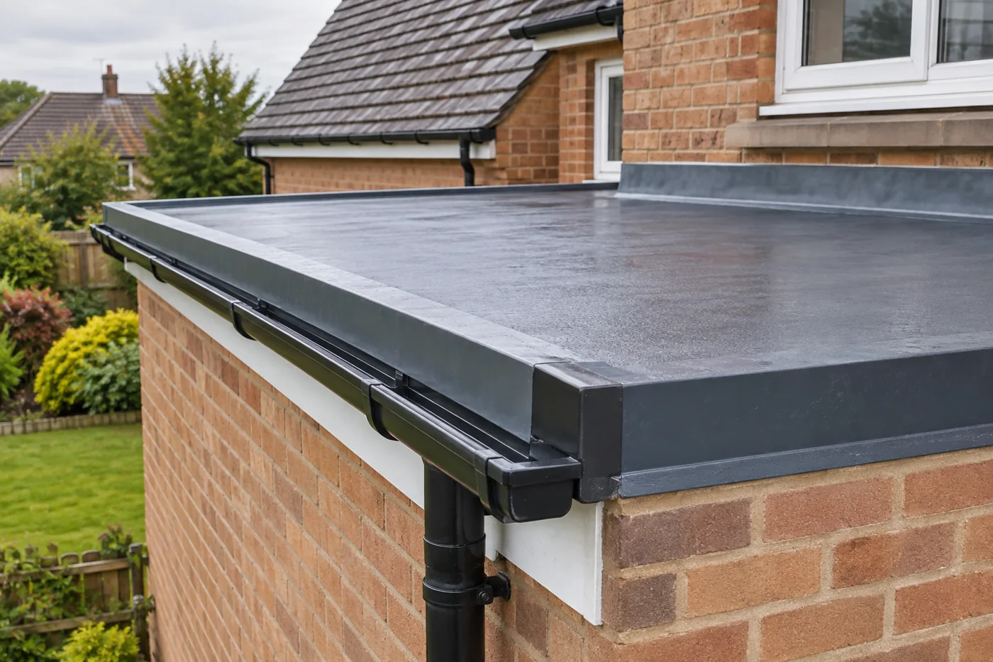 Flat roof perimeter trim and drainage detail