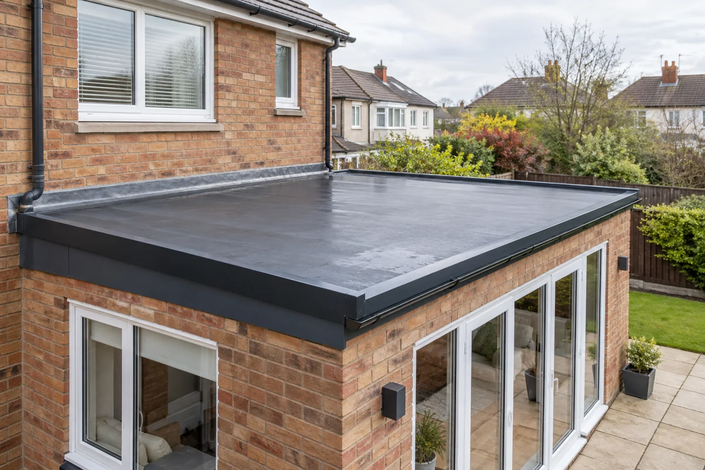 Flat roof extension with dark roof covering