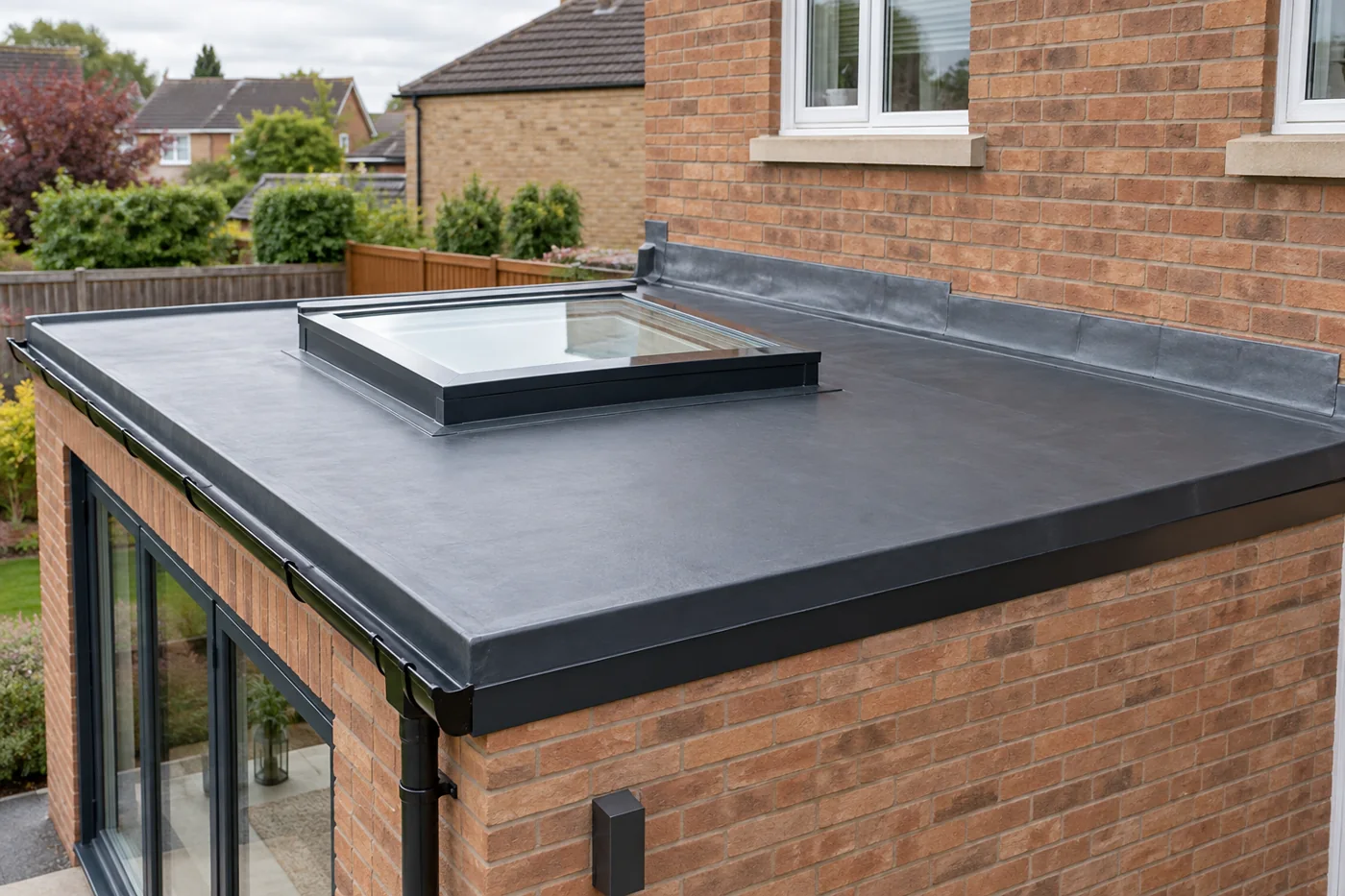 Flat roof with rooflight and wall abutment