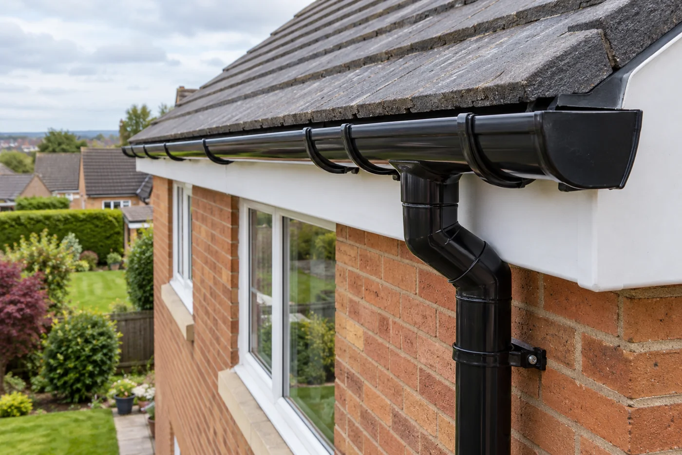 Domestic guttering and downpipe beneath the eaves