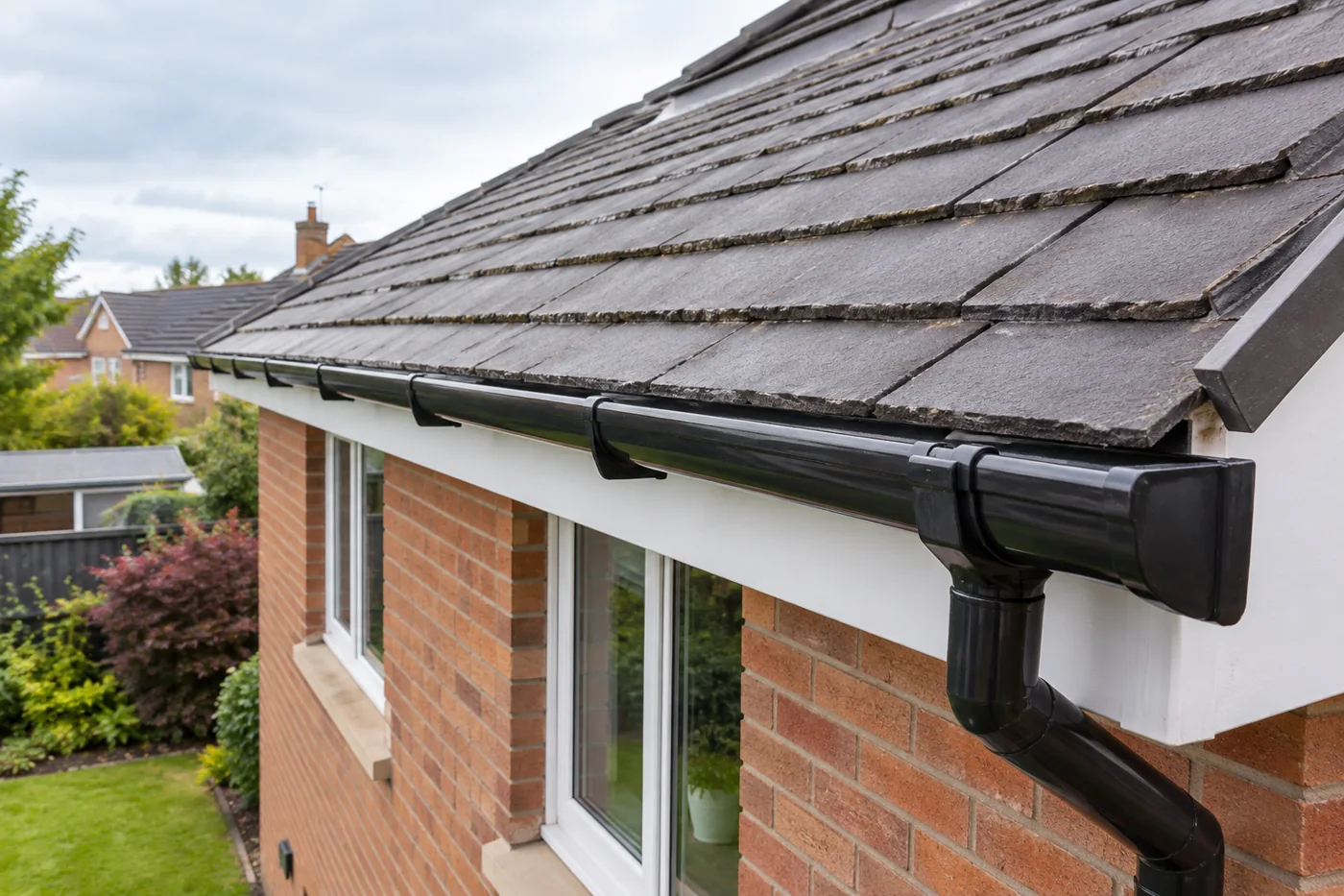 Gutter run and brackets along a roof edge