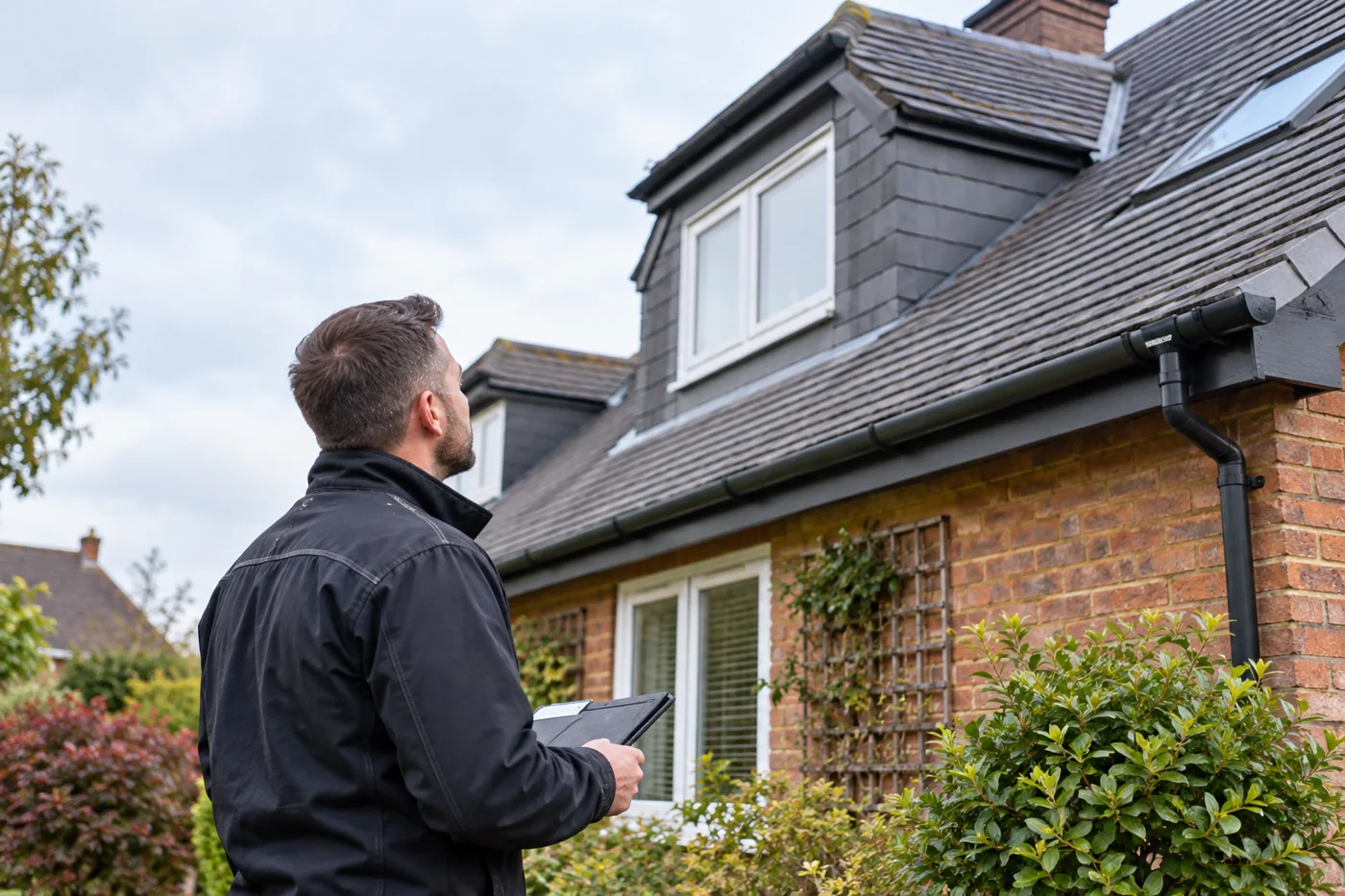 Roofer inspecting a domestic roof from ground level