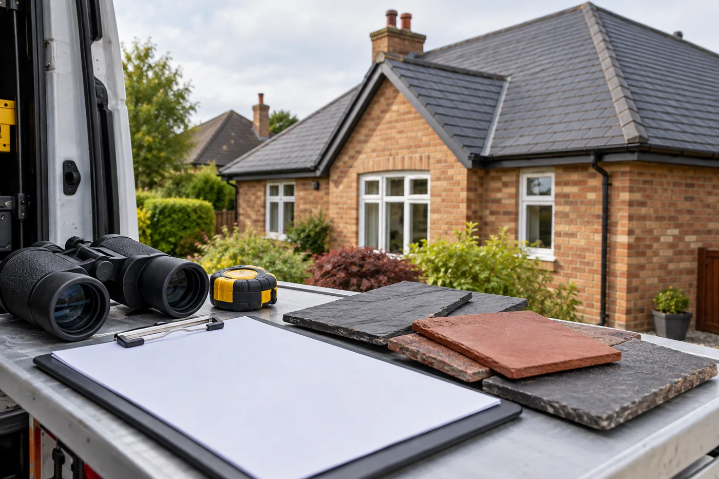 Roof inspection tools and blank clipboard