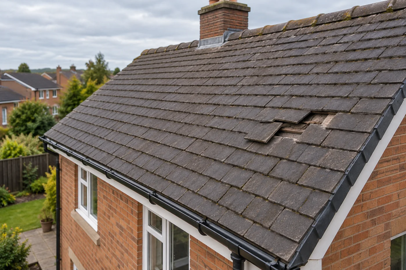 Damaged tiles on a pitched domestic roof
