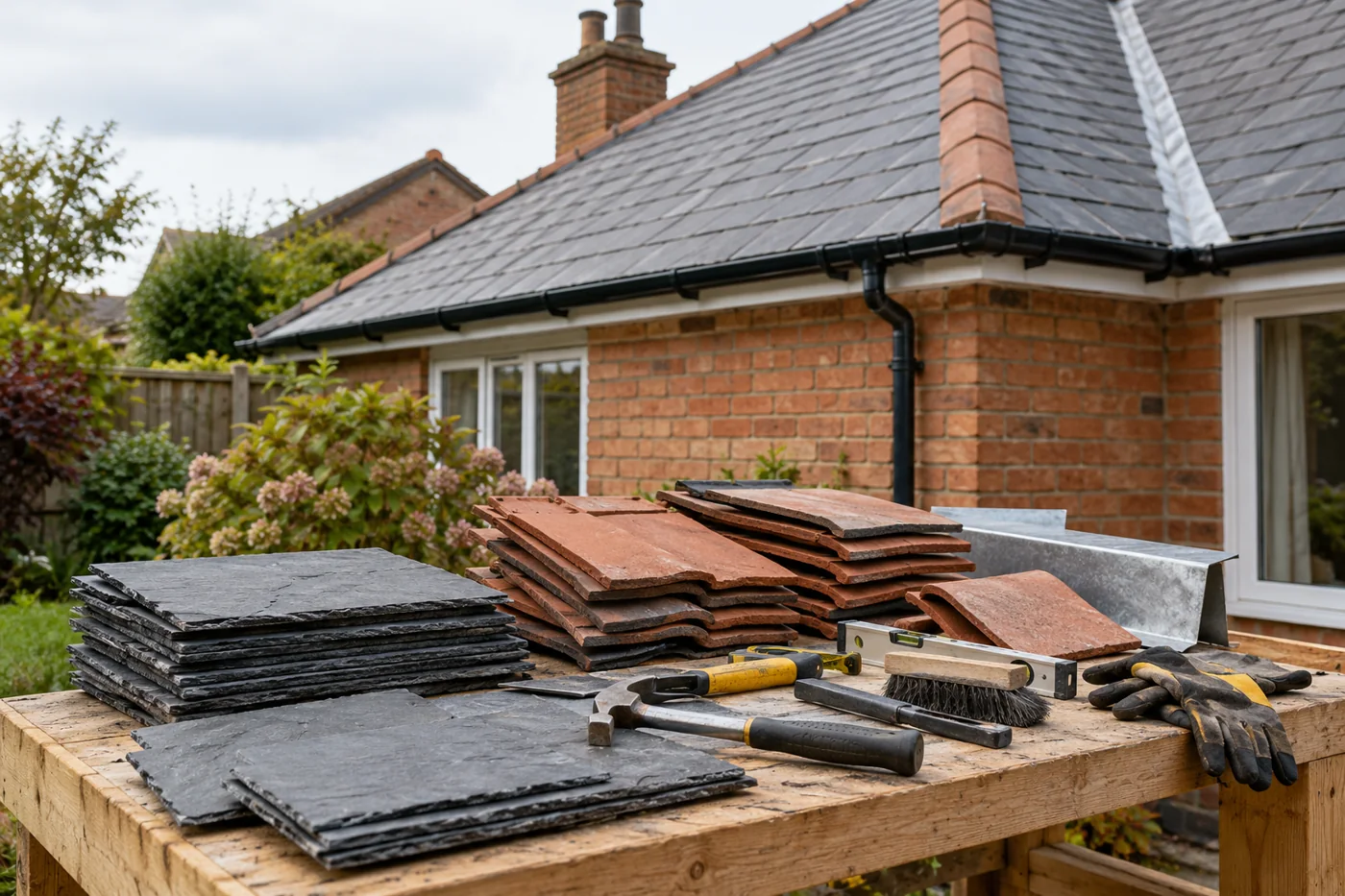 Roofing hand tools with slate and tile samples