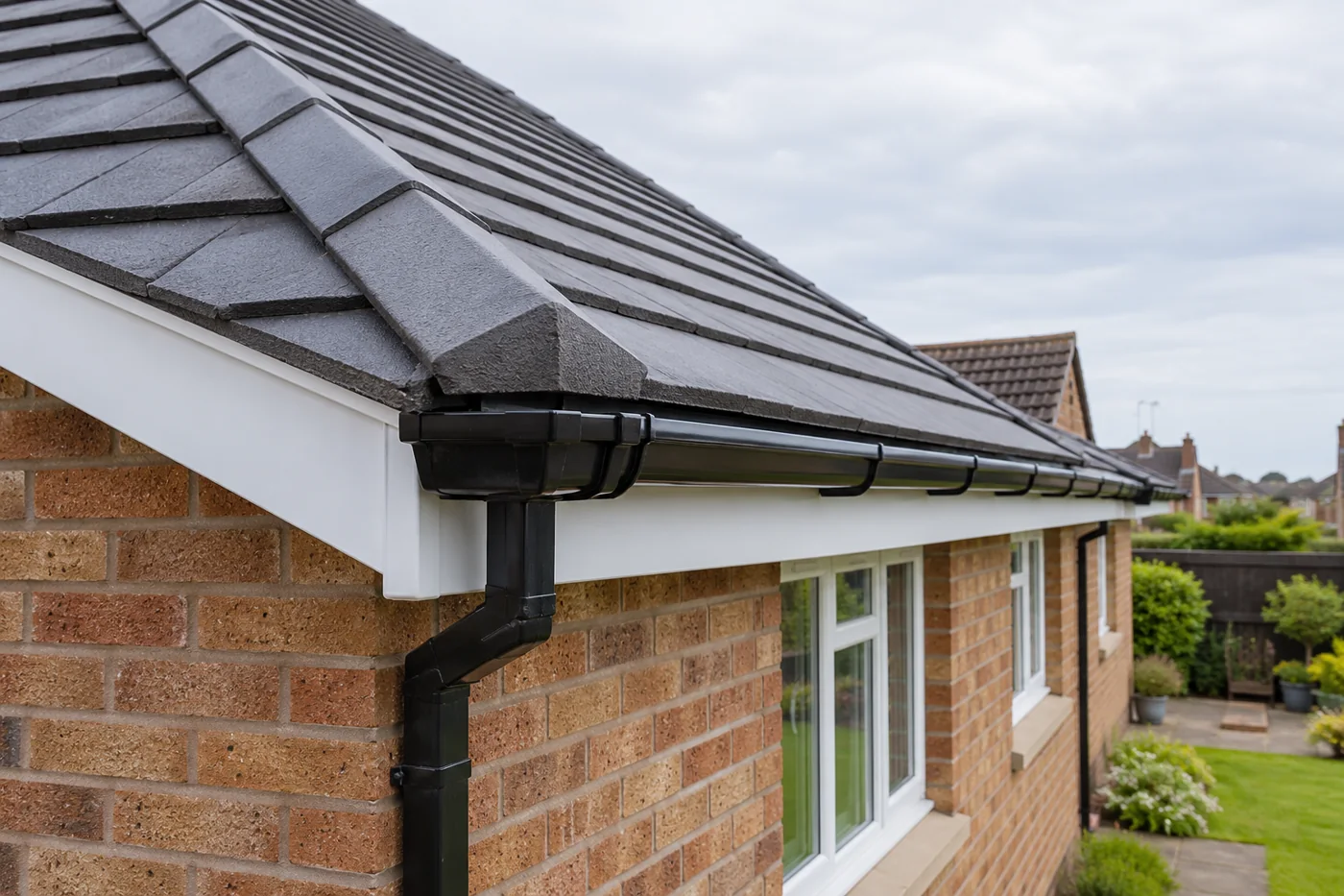 Roof covering, fascia and gutter at the eaves