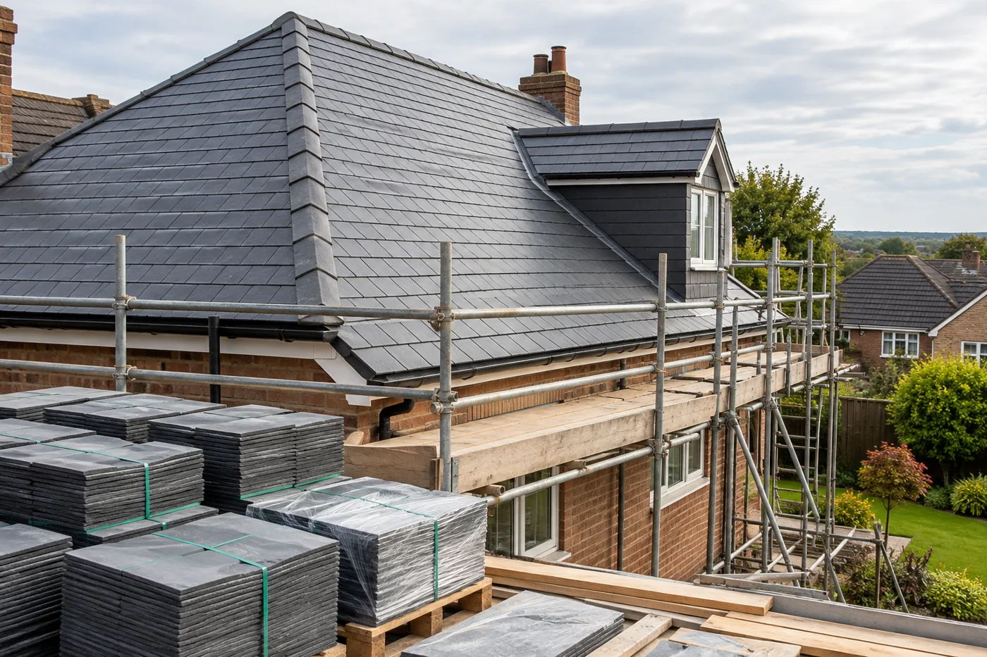 Roofing materials beside a house with guarded scaffolding
