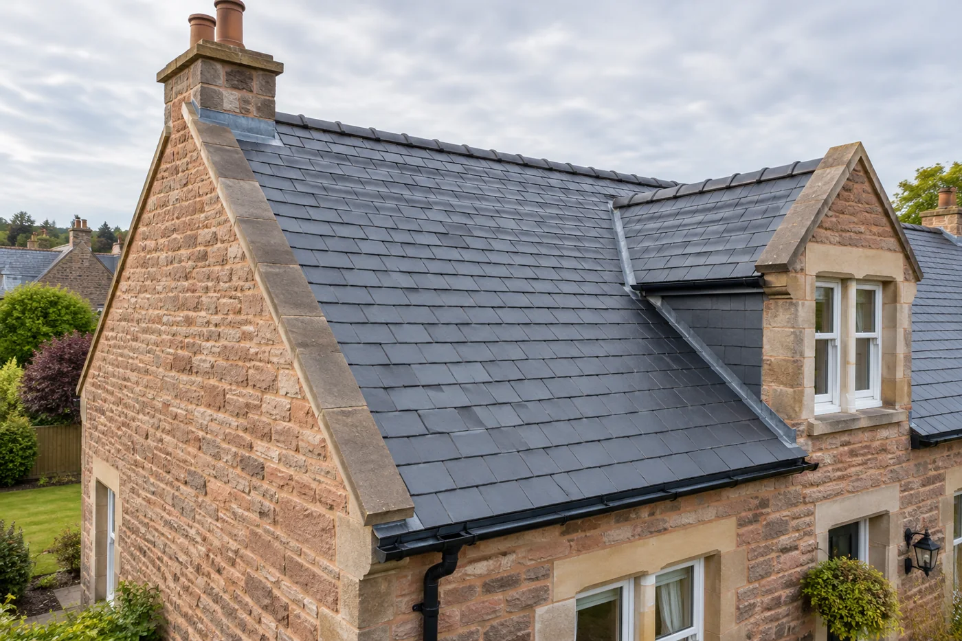 Natural slate pitched roof on a domestic house