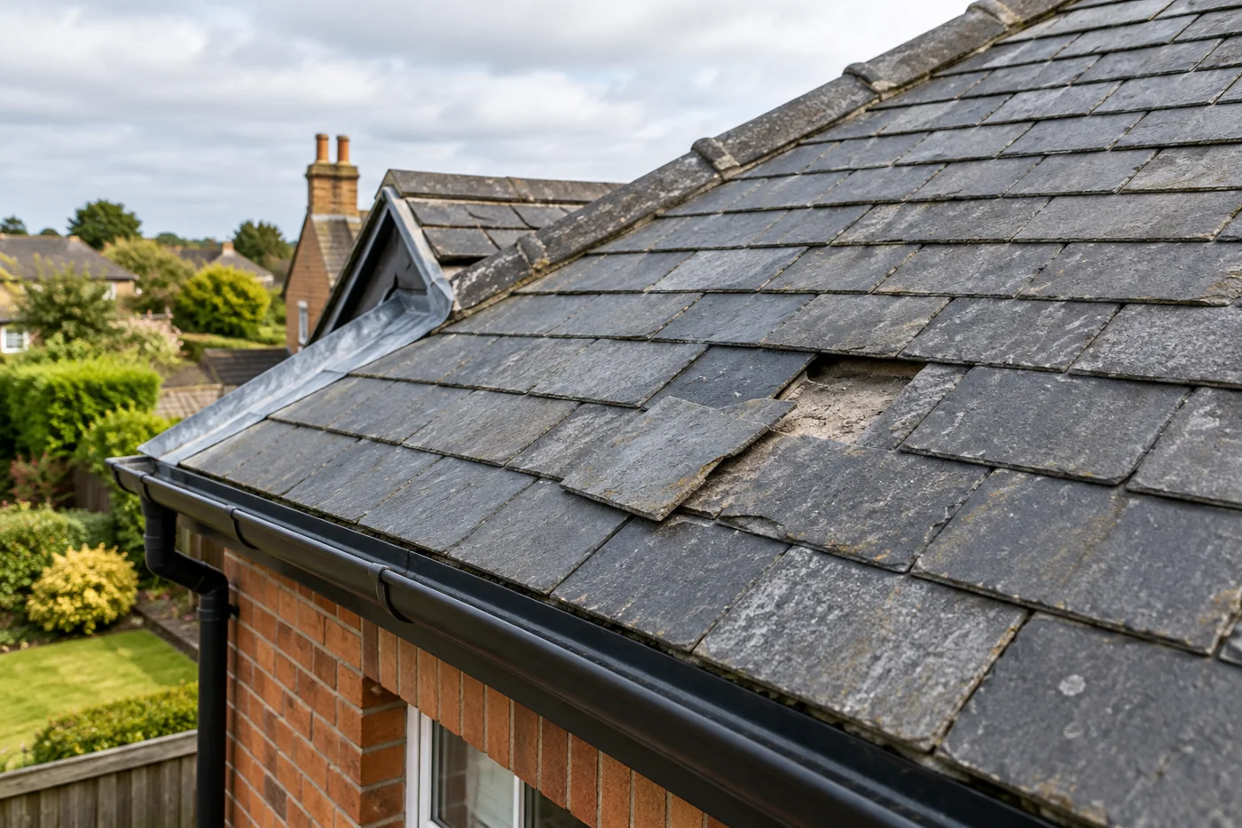Slipped slates beside intact roof courses