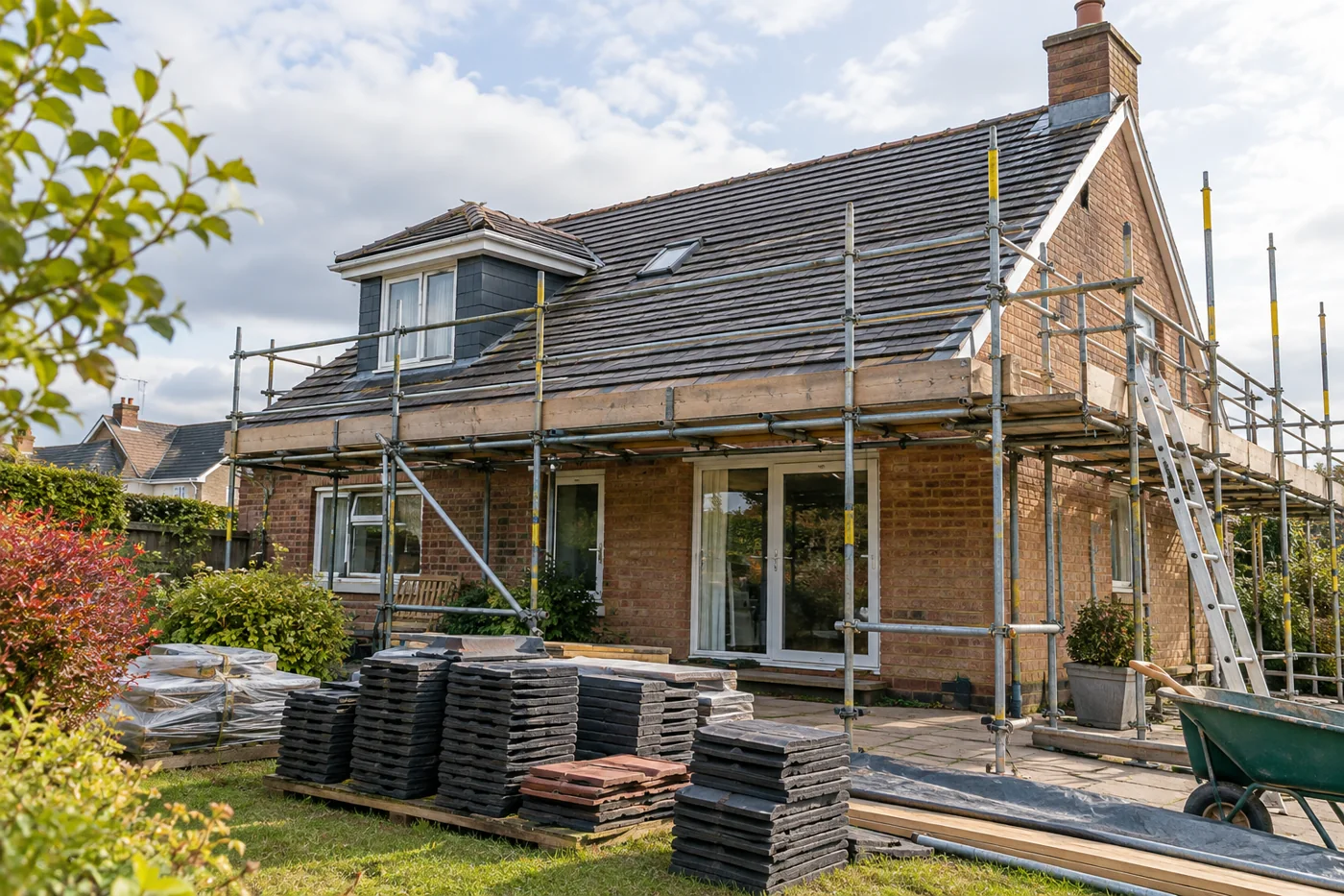 Replacement roofing materials and guarded scaffold
