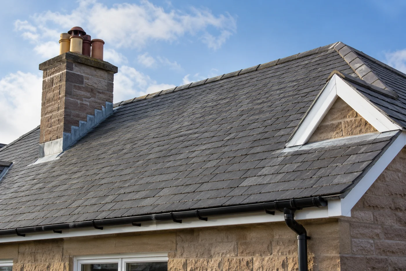 Domestic pitched roof, chimney and rainwater system